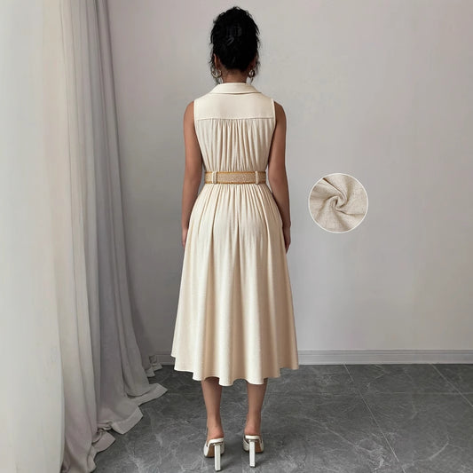 V-neck sleeveless shirt dress with breasted waistband and A-line hem, stylish women's dress by eprolo.