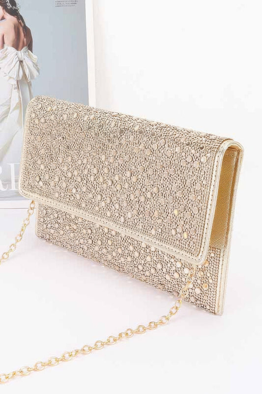 Golden Heir rhinestone envelope evening clutch with sparkling embellishments and sleek design for formal occasions.