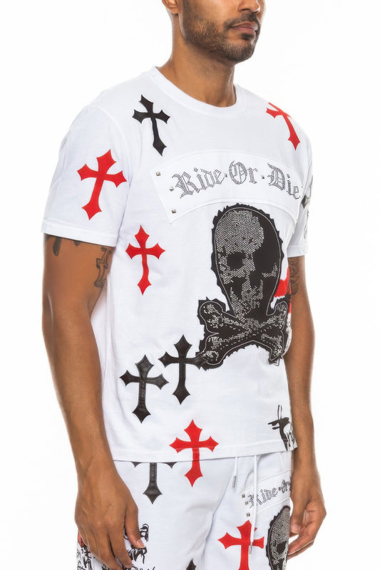 Golden Heir Cotton Print Chrome Cross T-Shirt featuring a bold chrome cross design on a white cotton fabric.