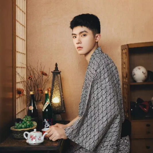 Men's traditional Japanese kimono bath robe by Golden Heir, belt-free, formal wear, lightweight and comfortable for men.