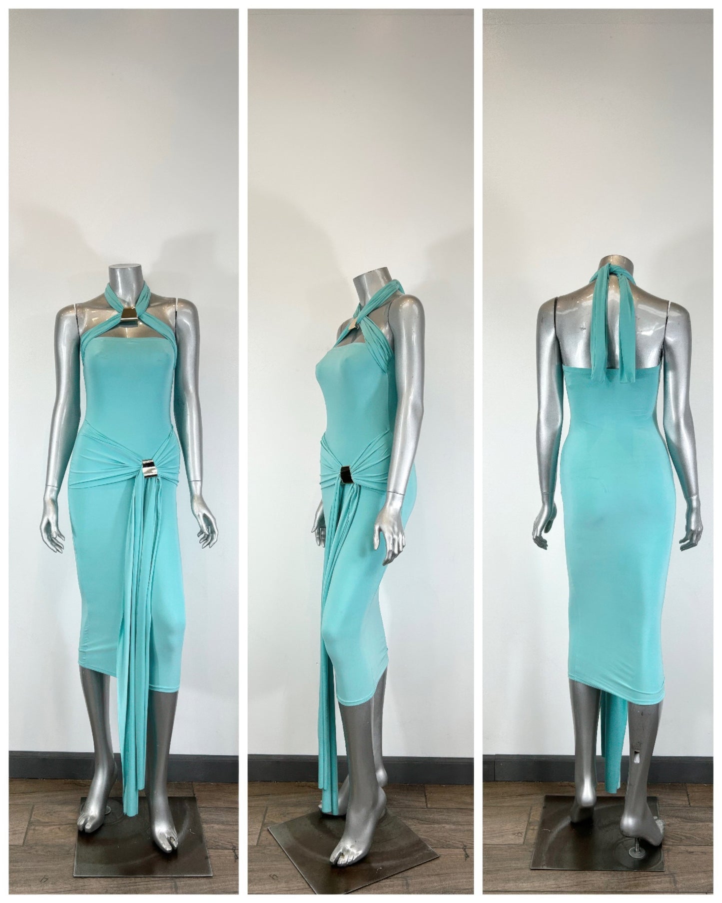 Mint halter style bodycon midi dress by Golden Heir, close-up of fitted design and elegant neckline on model.