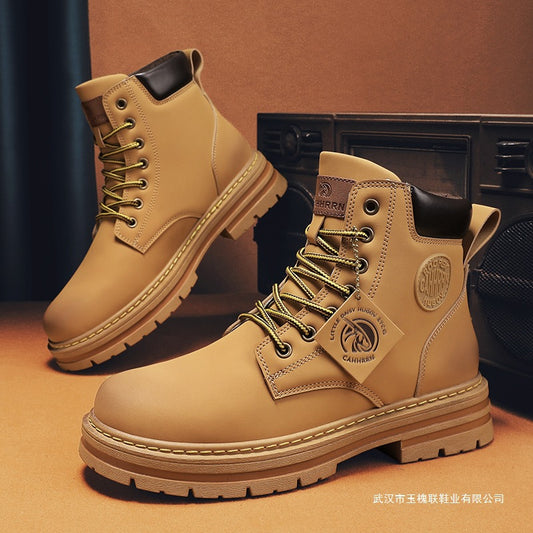 Beige and red men's casual British-style Martens boots by Golden Heir with sturdy leather construction and versatile design.