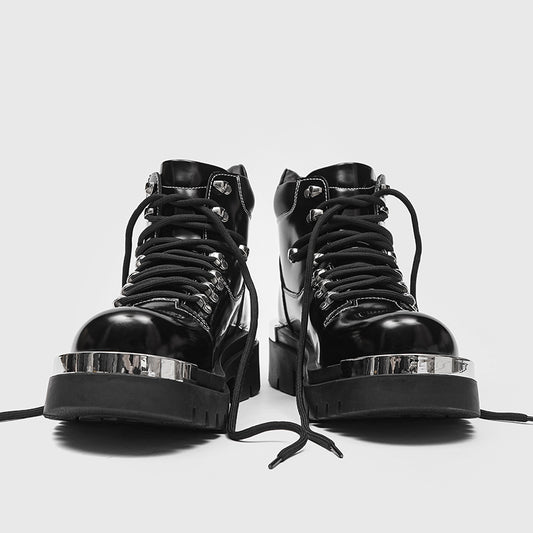 Men's black Golden Heir chunky-soled Dr Martens boots with lace-up design and sturdy construction, stylish and versatile footwear.