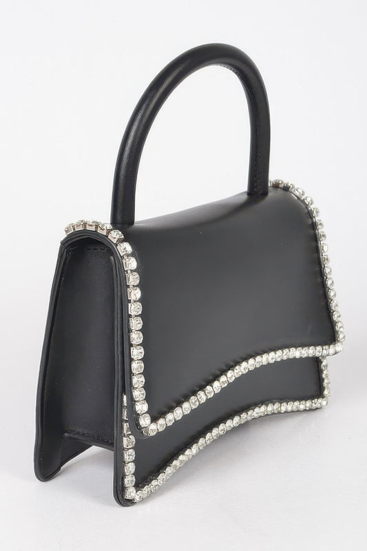 Golden Heir faux leather clutch bag with top handle, flap closure, and rhinestone accents in burgundy color.
