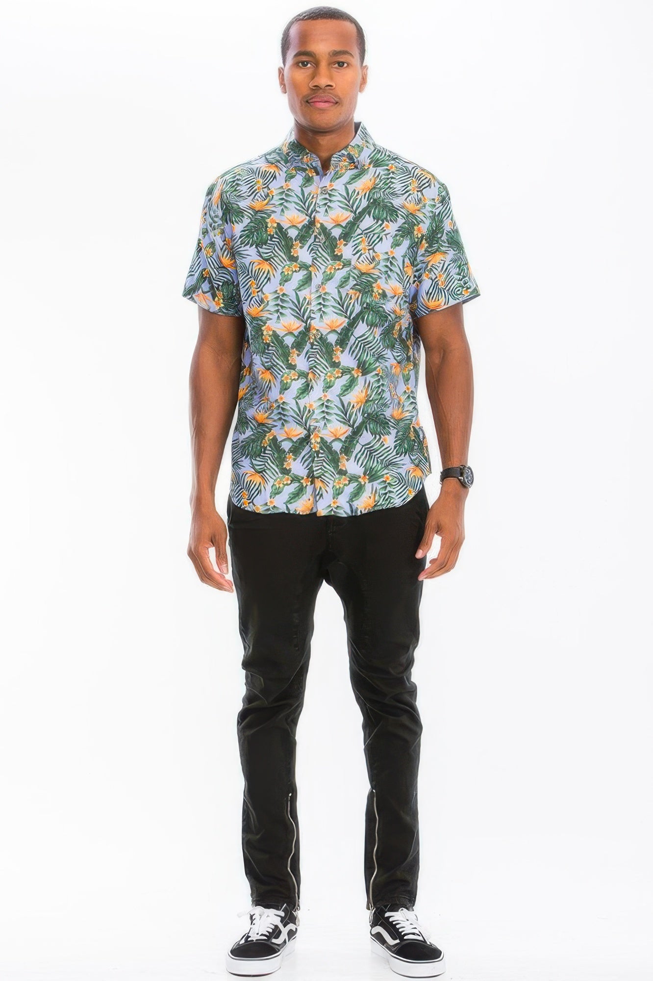 Golden Heir men's Hawaiian button-down shirt in mint with tropical print, casual summer shirt for men.