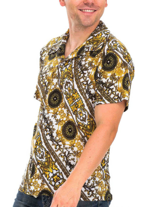 Golden Heir men's print button-down shirt featuring a colorful pattern, long sleeves, and classic collar style.