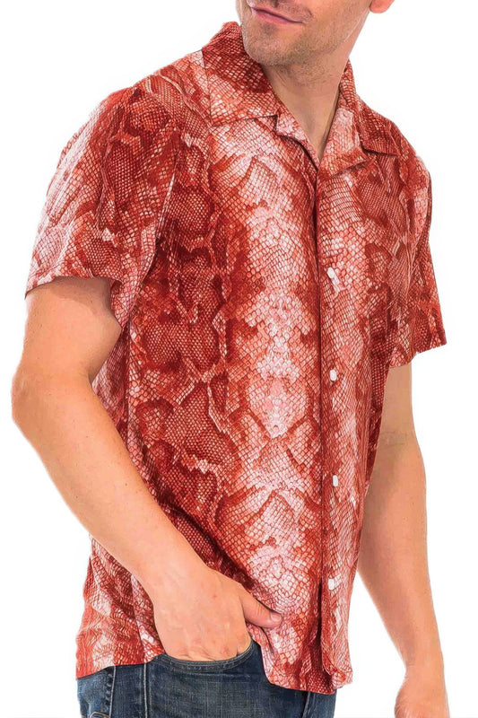 Golden Heir red snake print button down shirt featuring a classic collar and long sleeves, displayed on a hanger.