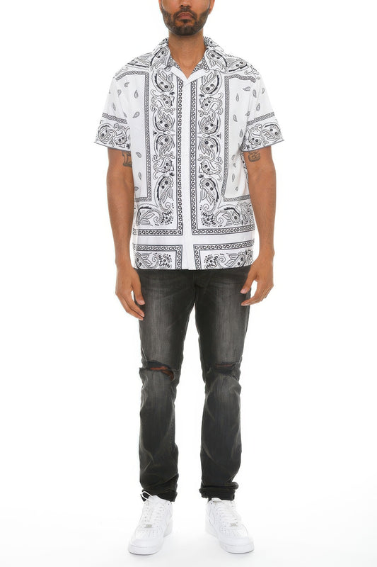 Golden Heir men's collared print button-down shirt in white and black, featuring a stylish pattern and classic fit.