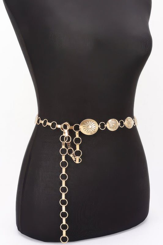 Golden Heir floral disc chain belt in gold with a stylish design, one size fits all, perfect for accessorizing outfits.