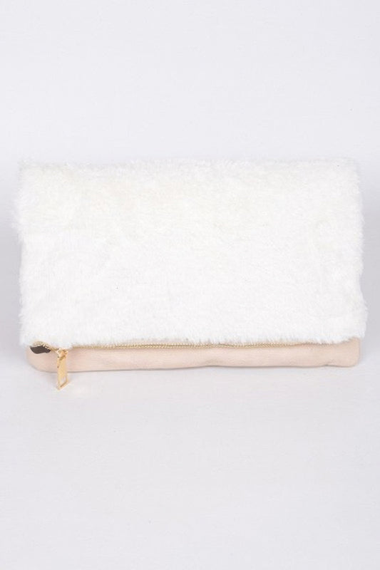 Golden Heir Fuffy foldable hand clutch bag in camel color with a soft, plush texture and sleek design.