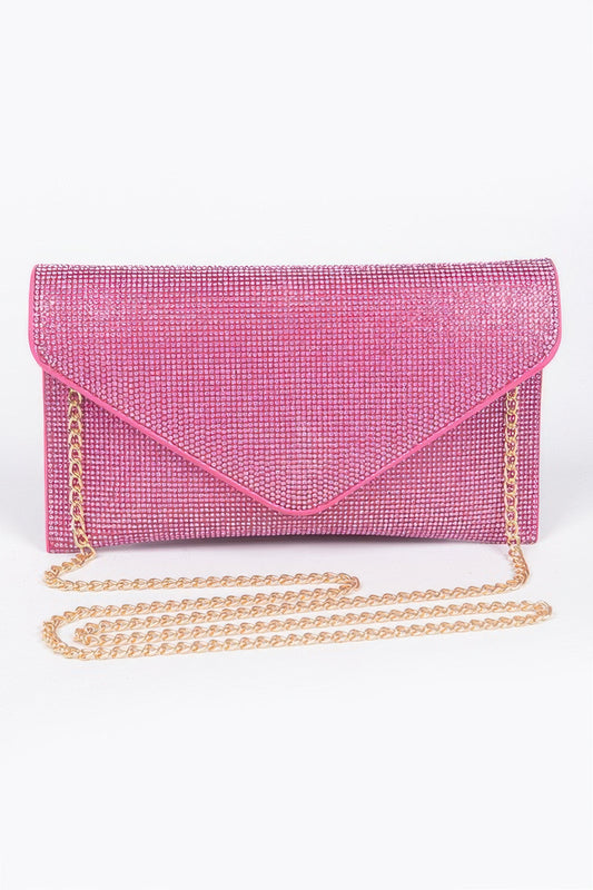 Golden Heir rhinestone envelope clutch bag with a chain, featuring sparkling full rhinestone embellishments and a sleek, elegant design.