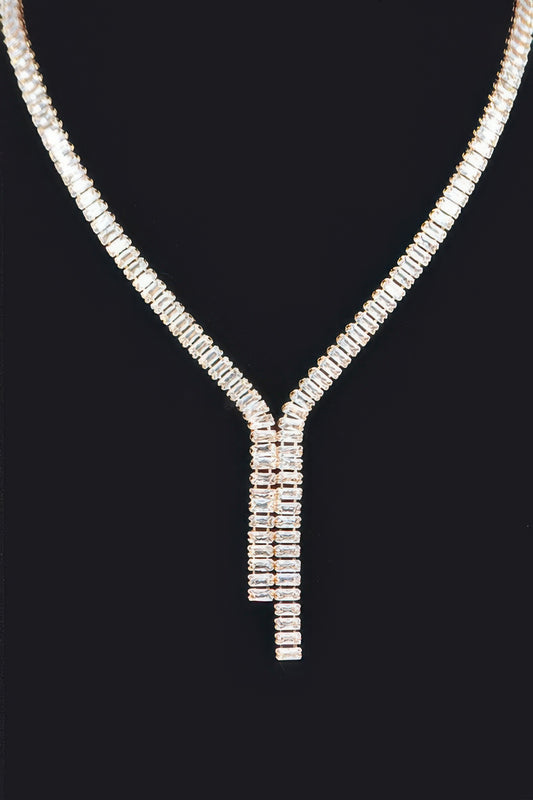 Golden Heir Lumière Duo rhinestone necklace and earring set in imperial gold with clear stones, elegant coordinated jewelry.