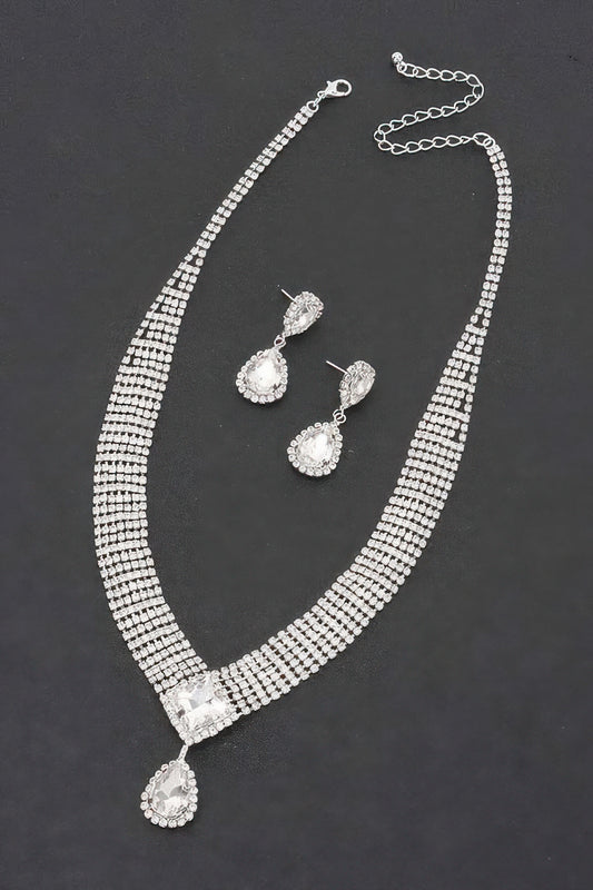 Golden Heir Aethelgard Gala Suite with 17-inch rhinestone necklace and earrings in sterling silver and clear golden stones.