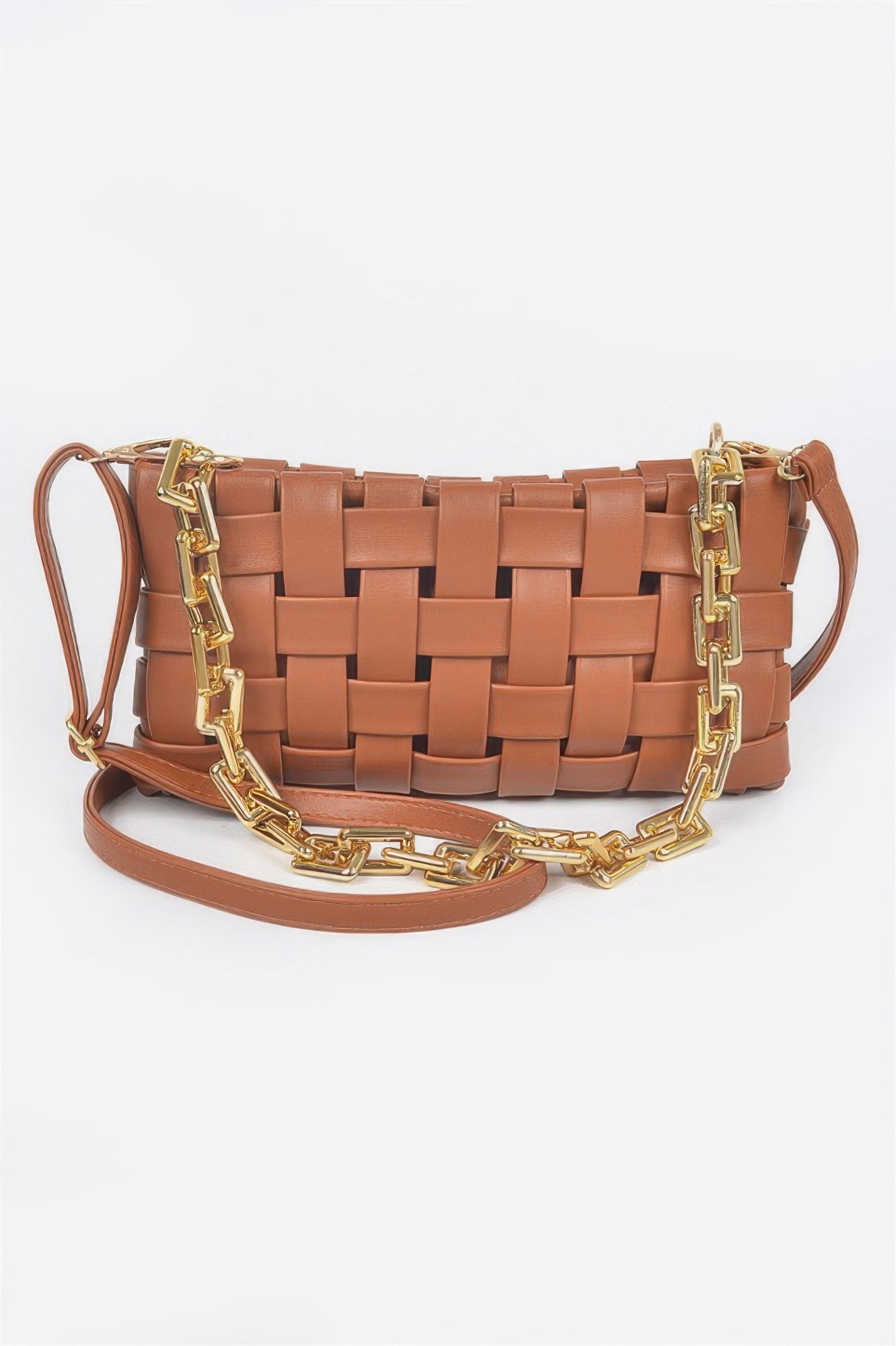 Golden Heir braided chain crossbody bag in black with gold accents, featuring a sleek design and adjustable strap.