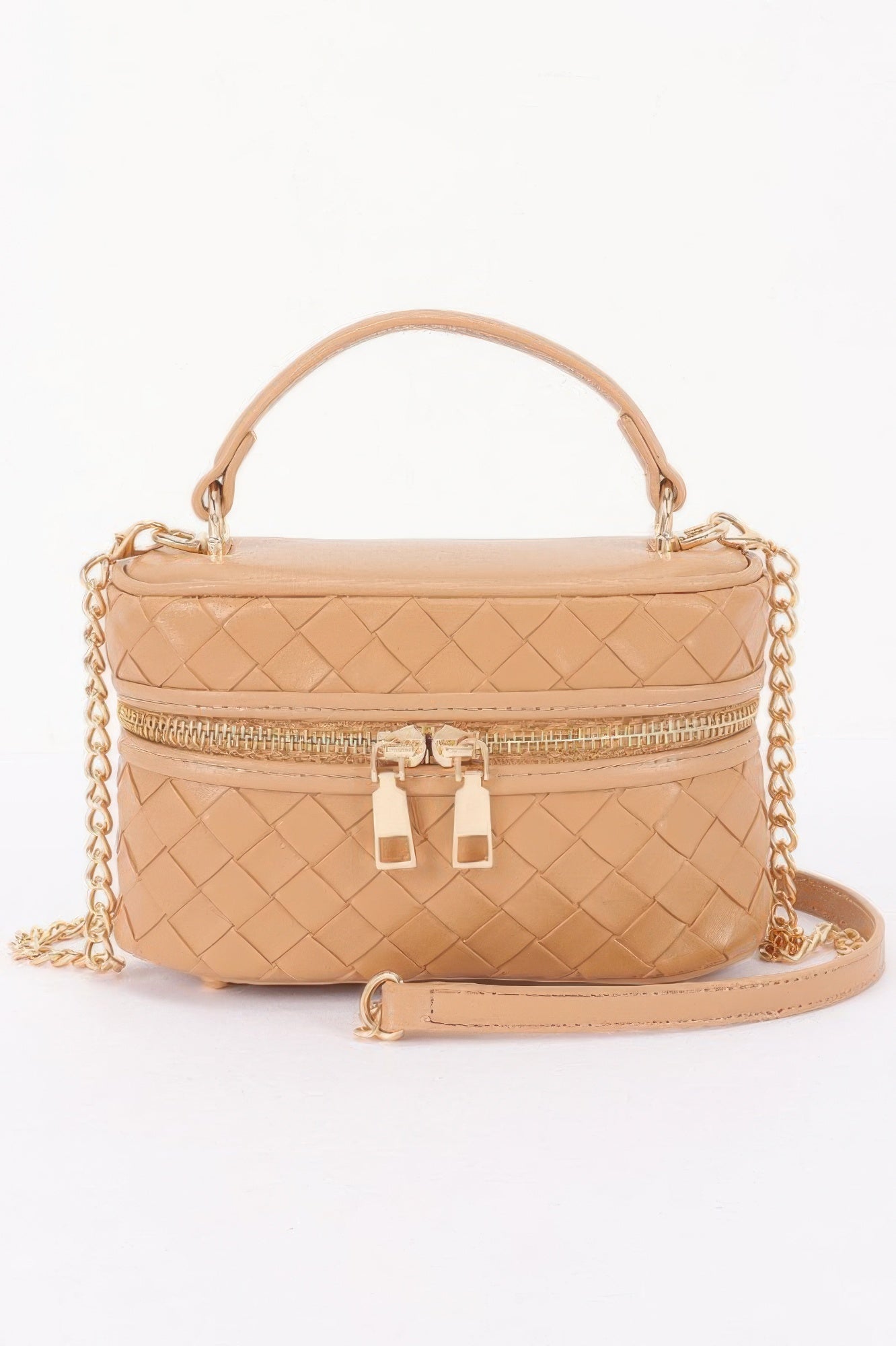 Golden Heir embossed vegan leather crossbody bag in black with gold accents and a sleek vanity style.