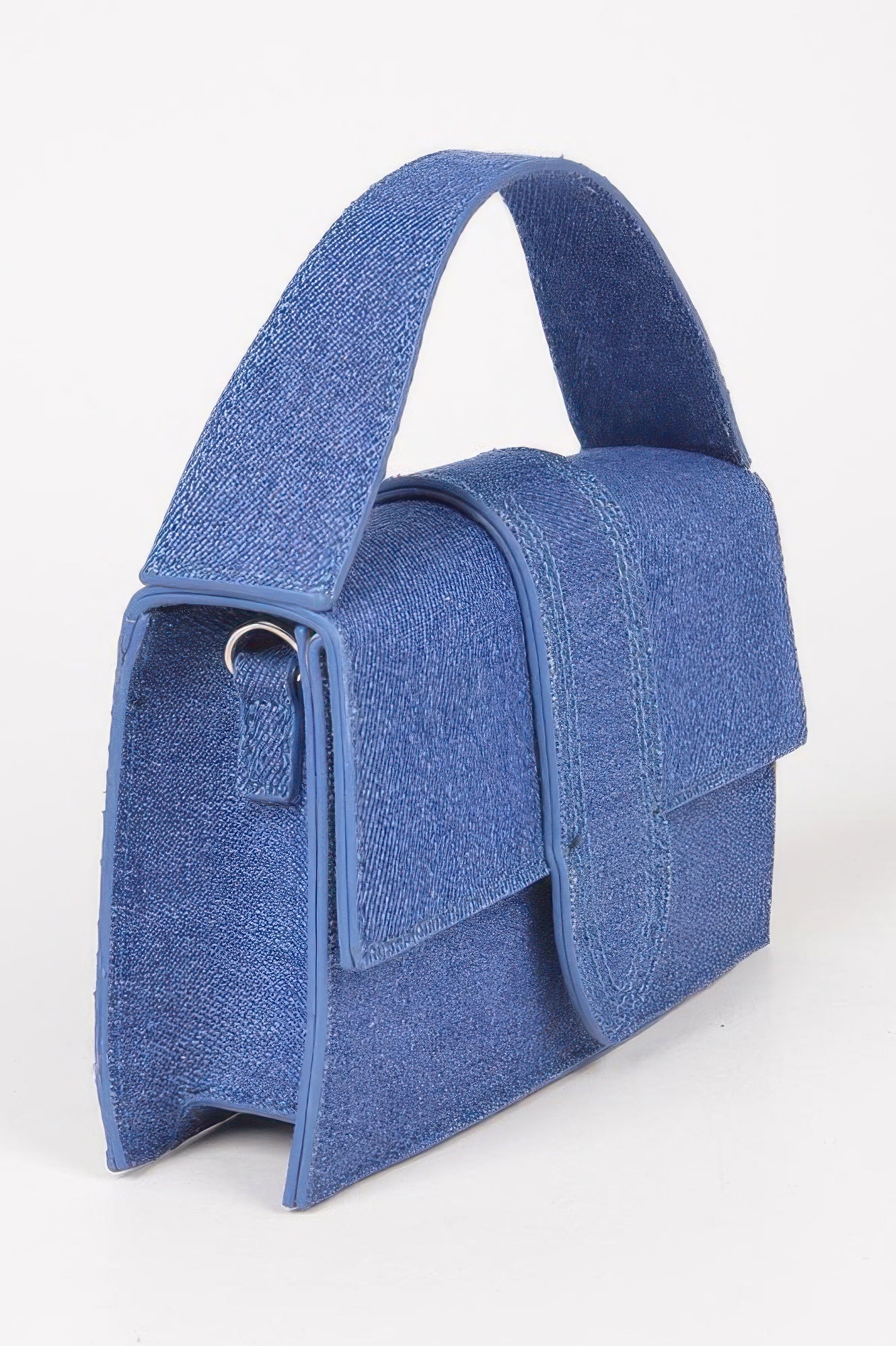 Golden Heir denim top handle crossbody bag in lavender with a stylish design and adjustable strap.