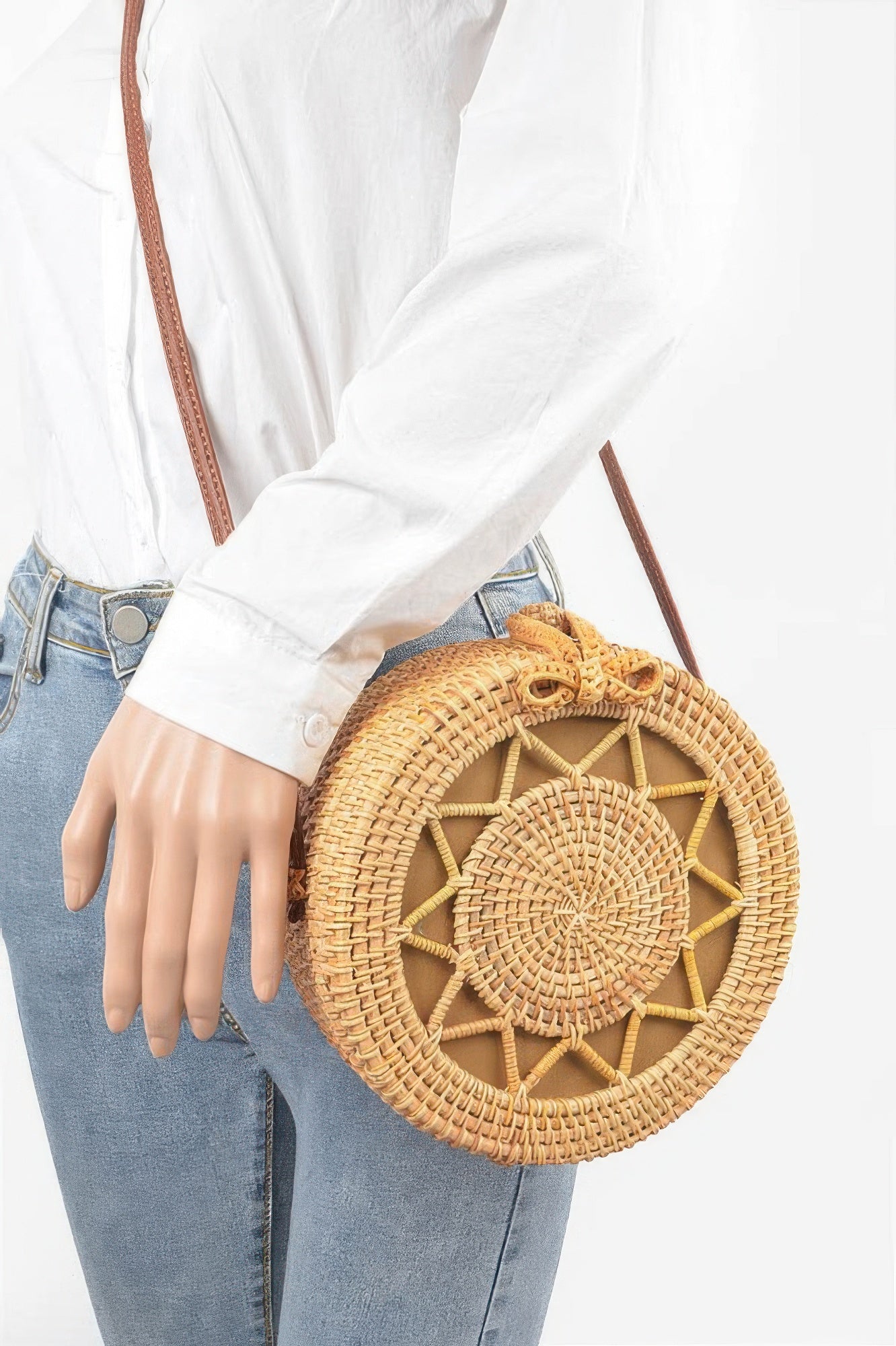 Golden Heir bamboo round crossbody bag with natural finish, stylish and lightweight accessory for everyday use.