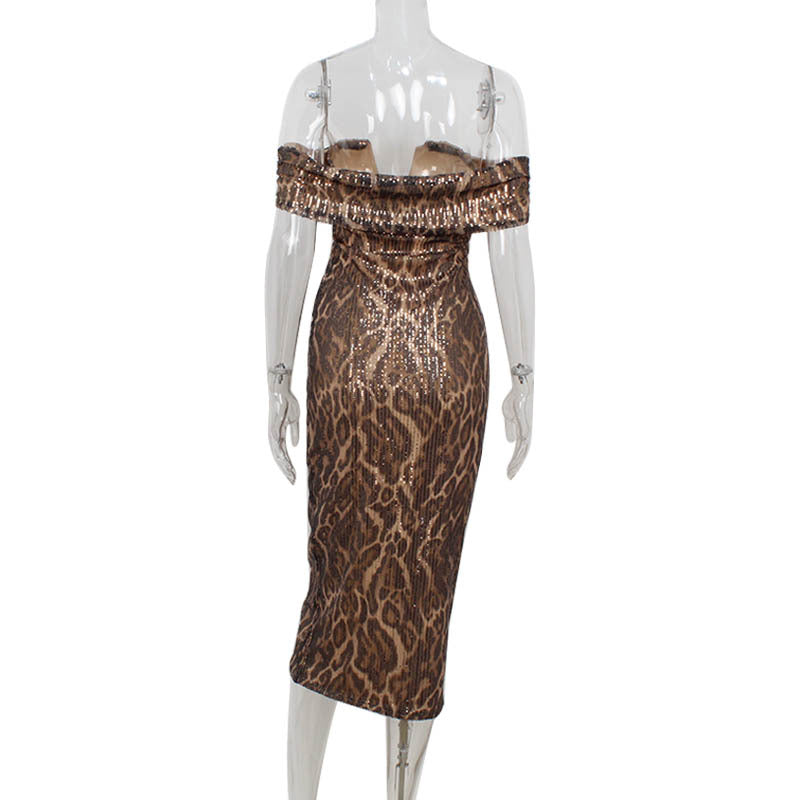 Golden Heir women's leopard-print evening gown featuring off-shoulder design and V-neck, elegant and form-fitting for special occasions.