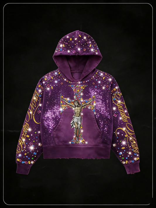 Men's purple Golden Heir printed hoodie, casual pullover sweatshirt with sportswear style and comfortable fit, 2XL size.