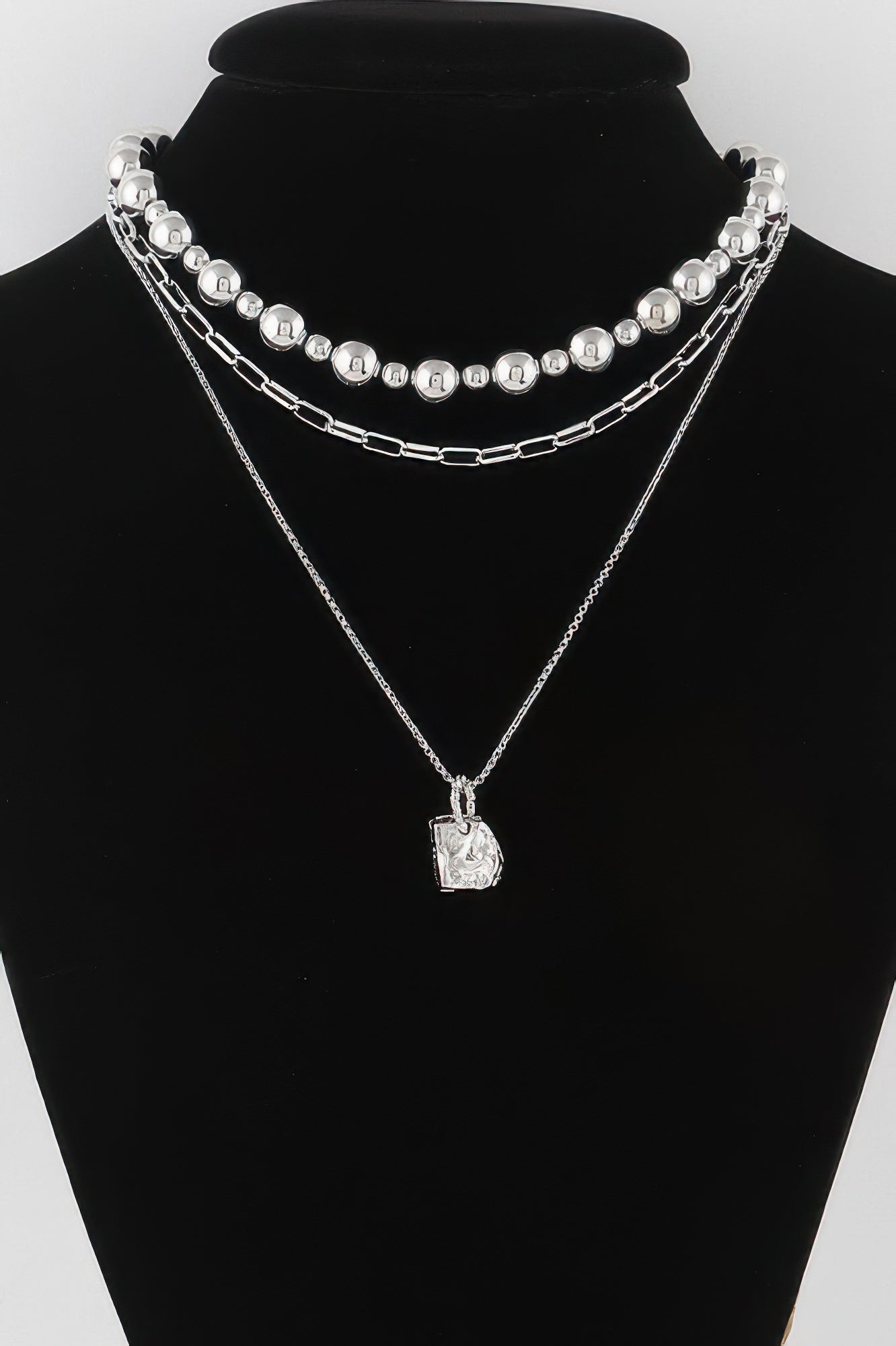 Golden Heir multi-beaded chain necklace featuring silver and gold beads, stylish jewelry for everyday or special occasions.