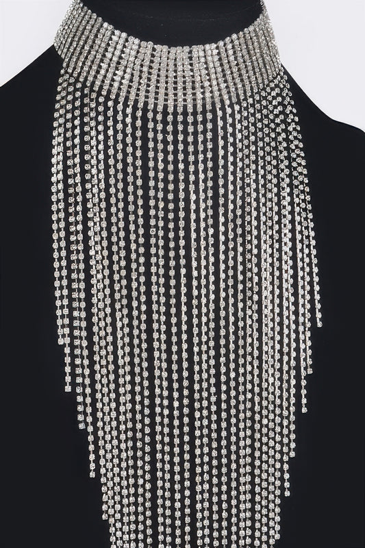 Golden Heir Astraea rhinestone tassel choker featuring sparkling rhinestones and gold-tone design, close-up view.