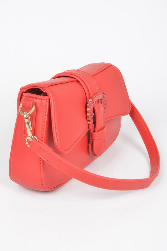 Golden Heir vegan metal buckle shoulder bag in black with gold accents, showcasing its stylish design and adjustable strap.