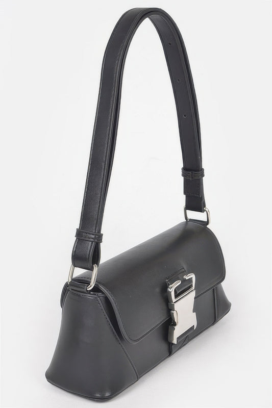 Golden Heir faux leather shoulder bag with gold-tone metal buckle and black finish, stylish and versatile for everyday use.