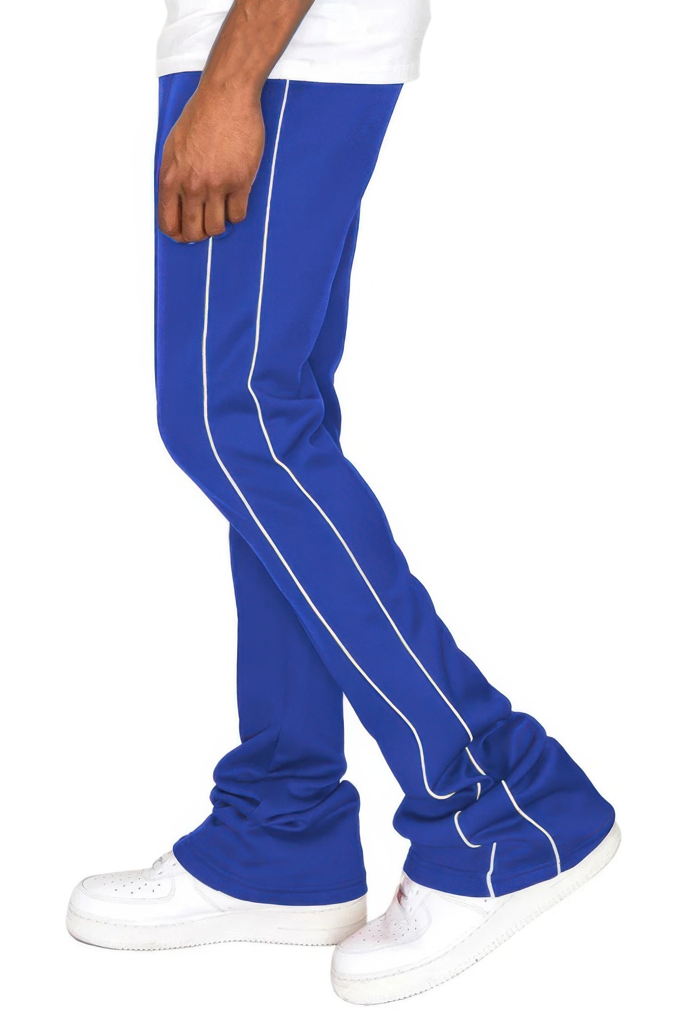 Golden Heir men's black side pipe stacked flare track pants with fitted waistband and flared leg design.