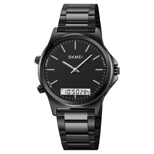 Golden Heir men's business-style steel-band watch with black dial and multi-function features, suitable for professional attire.