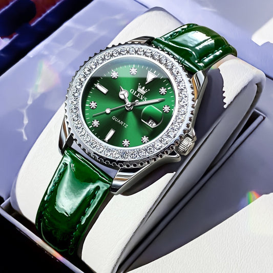 Golden Heir stylish women's quartz watch with green leather strap and gold-tone case, suitable for business and formal wear.