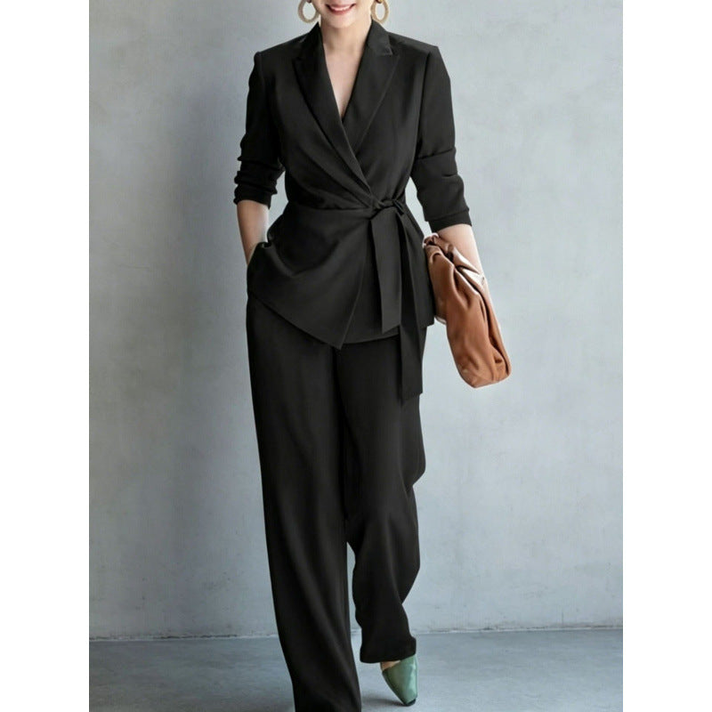 Elegant women's casual solid color suit set with belted top and pants, stylish and comfortable by eprolo.