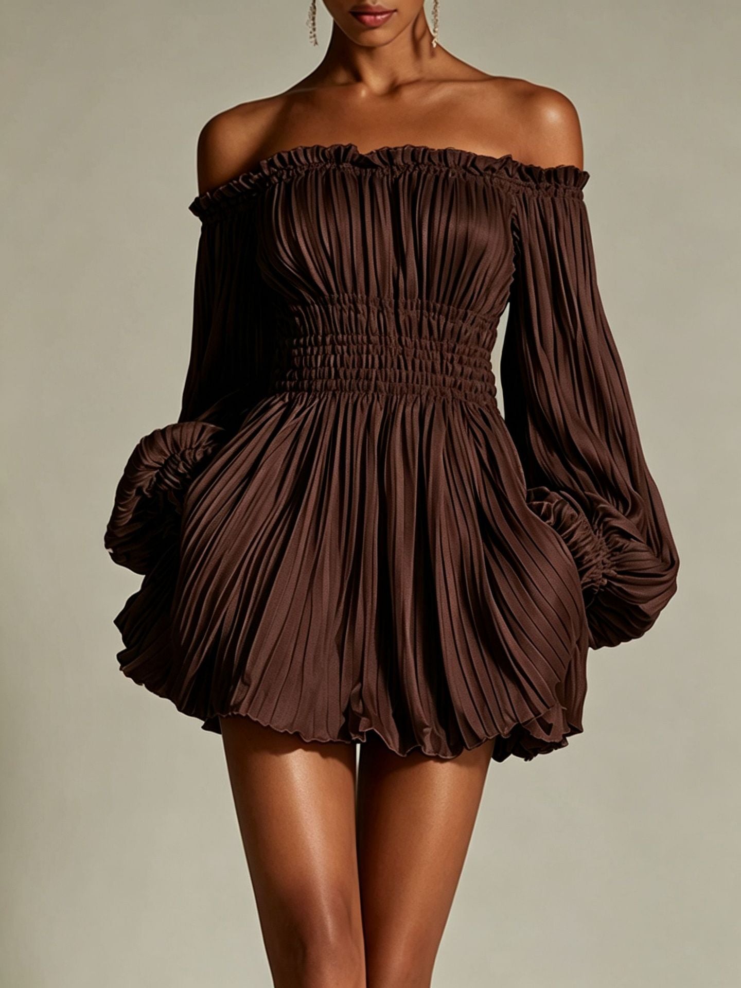 Elegant eprolo one-shoulder pleated long sleeve dress for women, fitted design with stylish pleats and a sleek silhouette.