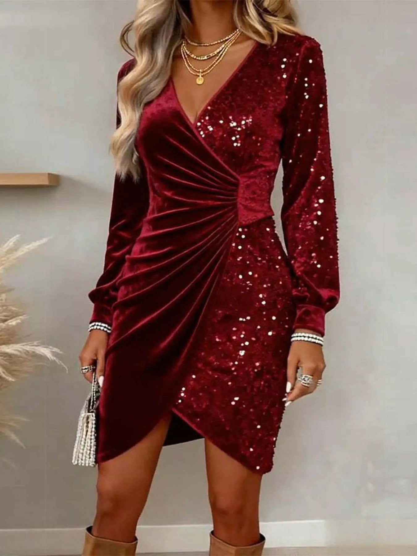Velvet sequin long sleeve wrap dress in rich color, featuring a flattering fit and elegant design, perfect for evening wear.