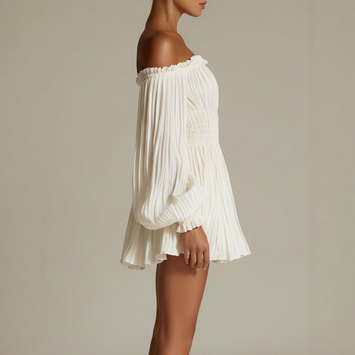 Elegant one-shoulder pleated fitted long sleeve dress for women by eprolo, featuring a stylish design and tailored fit.