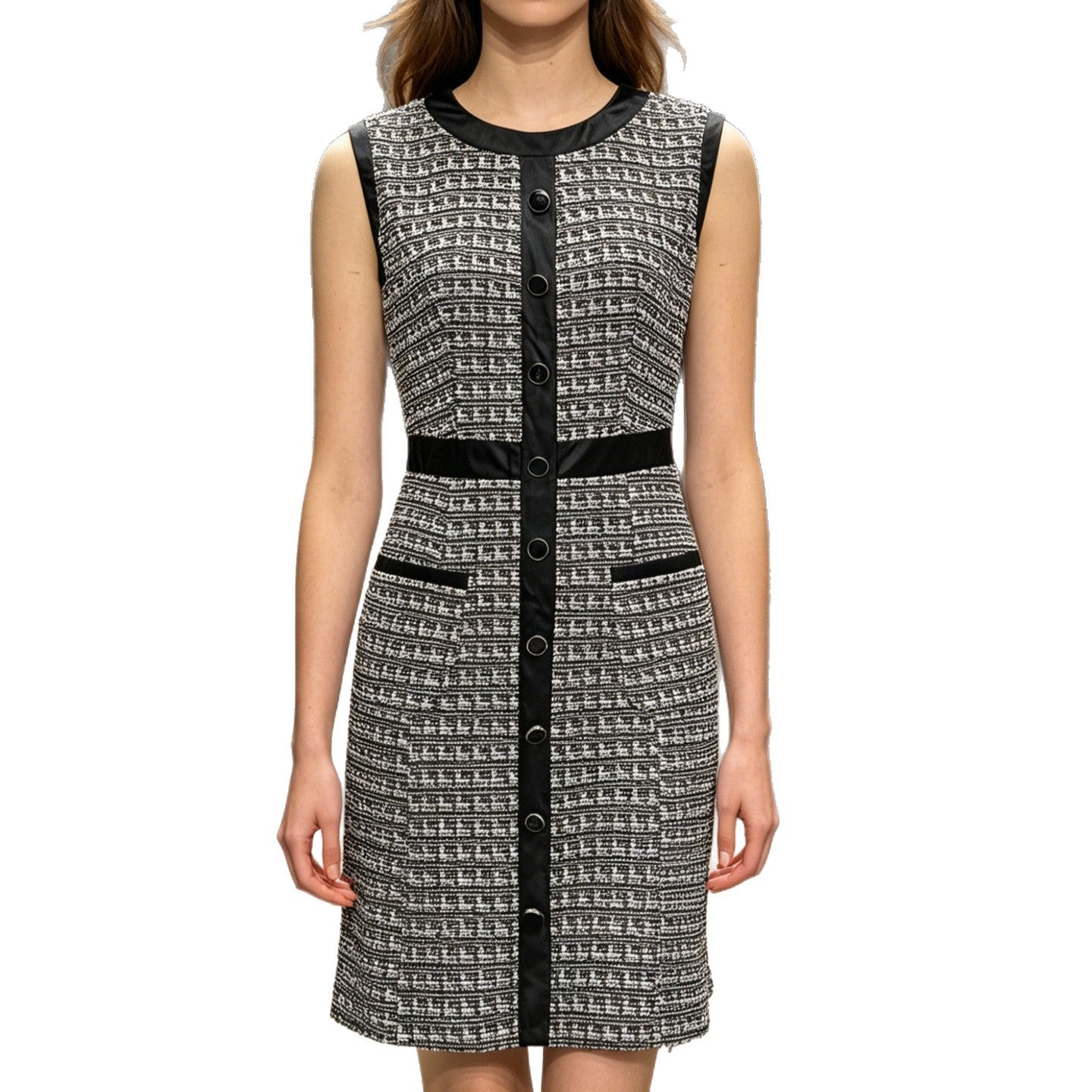 Vintage leather-trimmed tweed vest and A-line skirt dress by eprolo, featuring classic textured tweed fabric and stylish design.