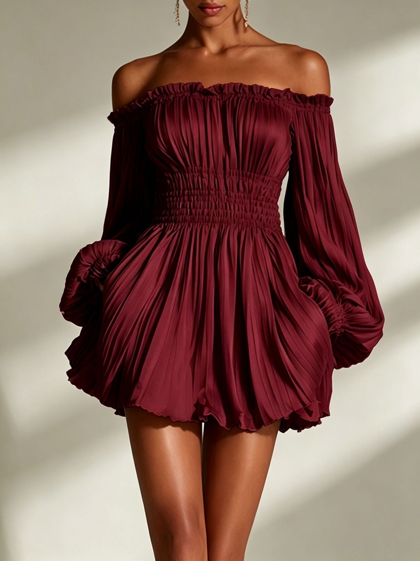 Elegant one-shoulder pleated fitted long sleeve dress for women by eprolo, showcasing a sleek design and stylish silhouette.