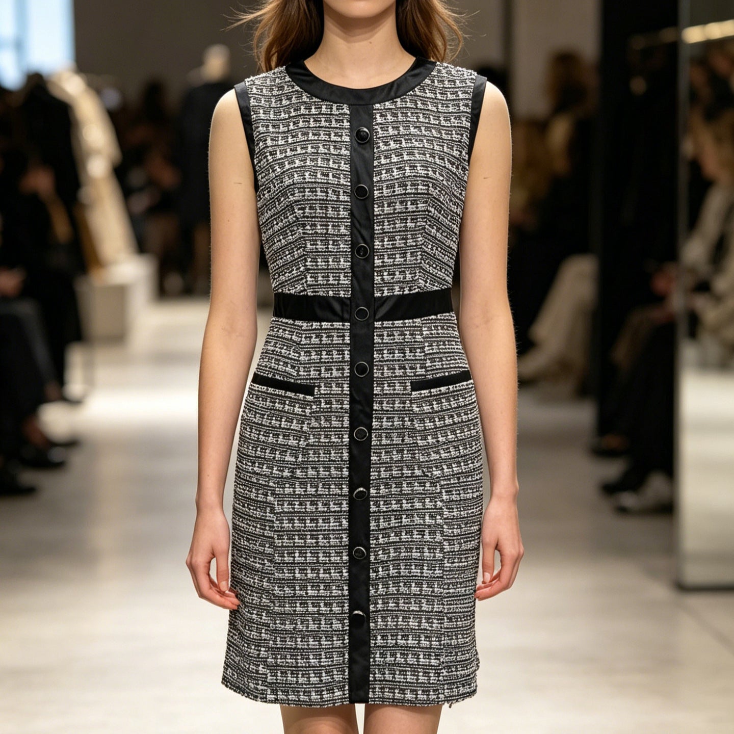 Vintage leather-trimmed tweed vest and A-line skirt dress by eprolo, featuring classic tailored style and textured fabric.