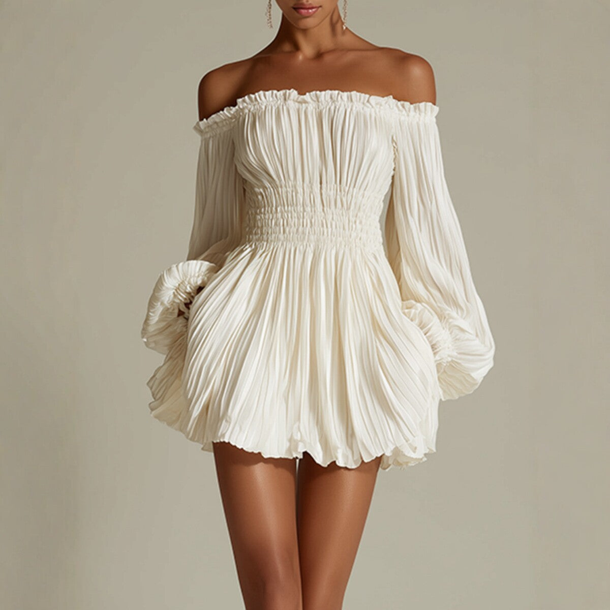 Elegant eprolo one-shoulder pleated long sleeve dress for women, fitted design with stylish pleats and a sleek silhouette.