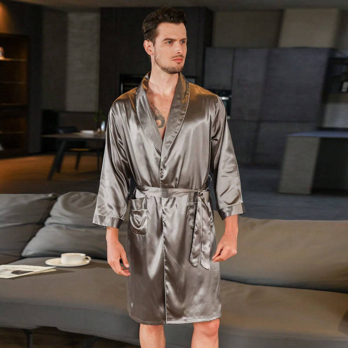Golden Heir men's summer silk bathrobe and nightgown set, lightweight silk pajamas with a relaxed fit and smooth fabric.