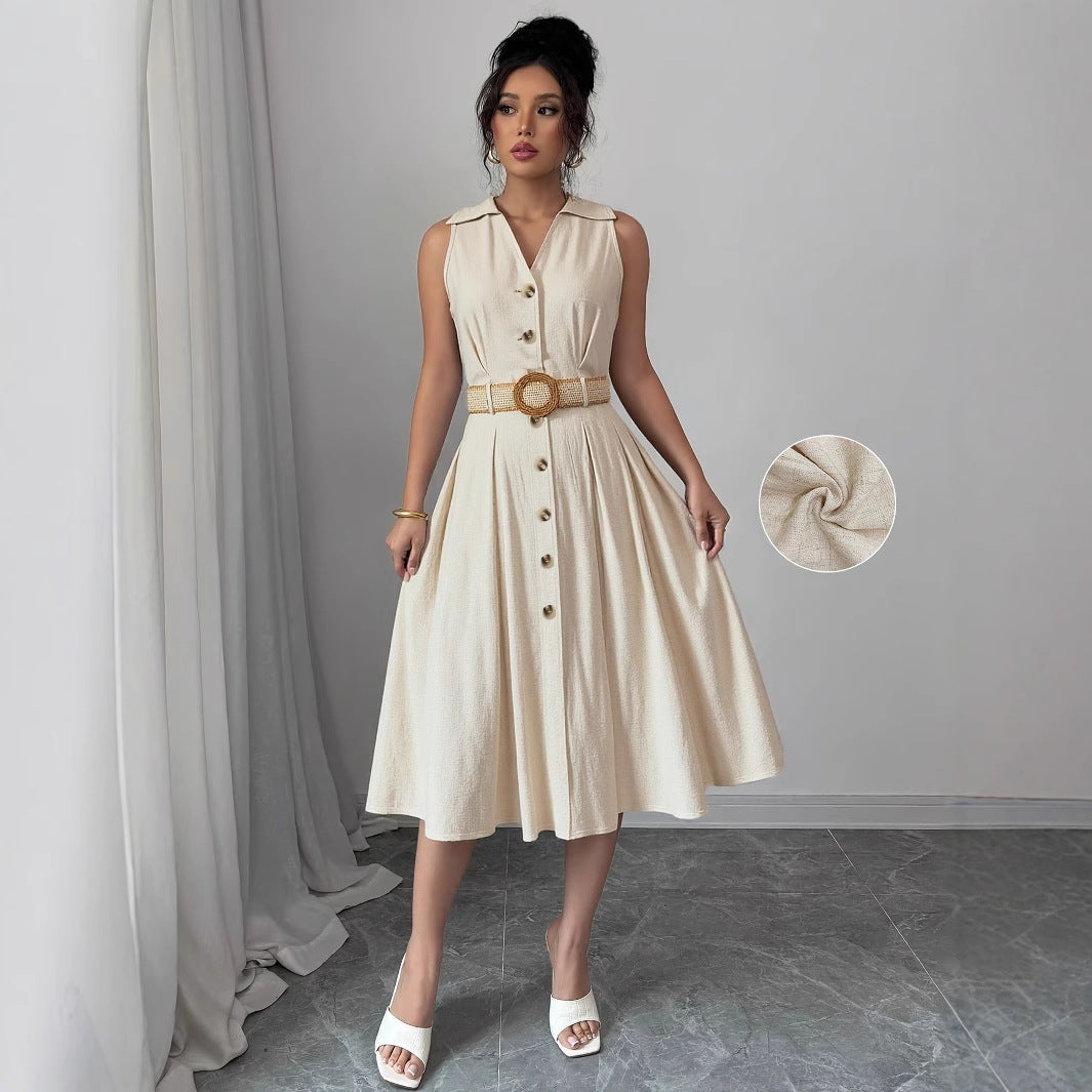 V-neck sleeveless shirt dress for women with breasted waistband and A-line hem, by eprolo.