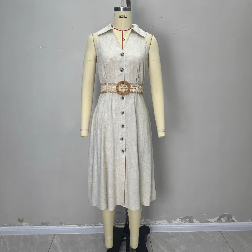V-neck sleeveless women's shirt dress with breasted waistband and A-line hem, stylish and comfortable by eprolo.