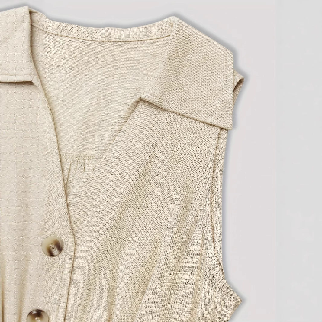 V-neck sleeveless shirt dress with breasted waistband and A-line hem, stylish women's dress by eprolo.
