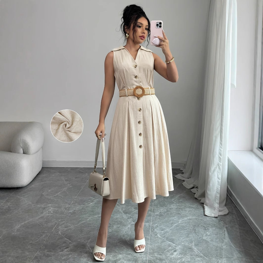 V-neck sleeveless women's shirt dress with breasted waistband and A-line hem, by eprolo, shown in the image.