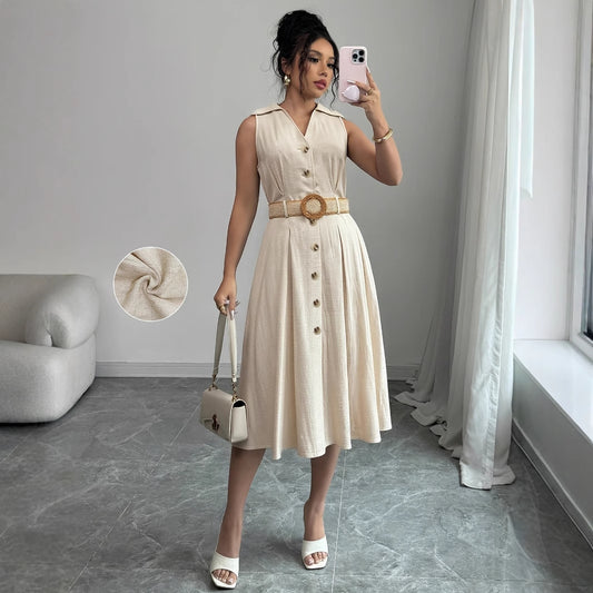V-neck sleeveless women's shirt dress with breasted waistband and A-line hem, by eprolo, shown in the image.