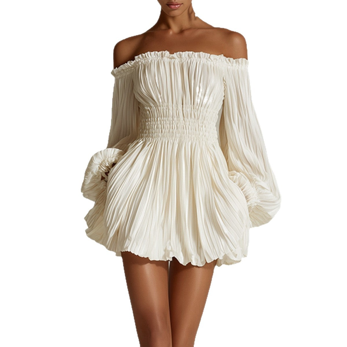 Elegant one-shoulder pleated fitted long sleeve dress for women by eprolo, shown in a stylish, close-up view of the dress design.