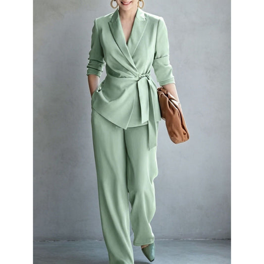 Elegant women's casual solid color suit set by eprolo featuring a belted top and matching pants, suitable for stylish everyday wear.