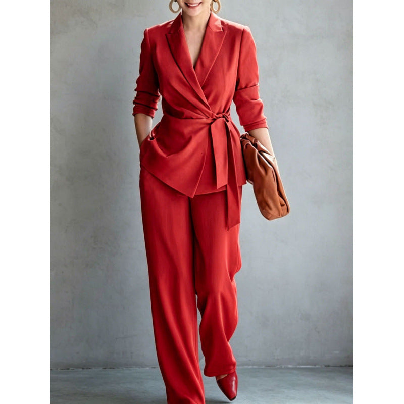 Elegant women's casual suit set by eprolo featuring a belted top and matching solid color pants, perfect for stylish everyday wear.