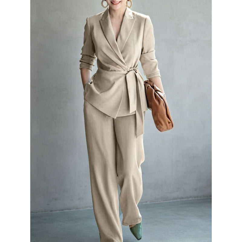 Elegant women's casual suit set by eprolo featuring a belted top and matching pants in solid color, perfect for stylish everyday wear.