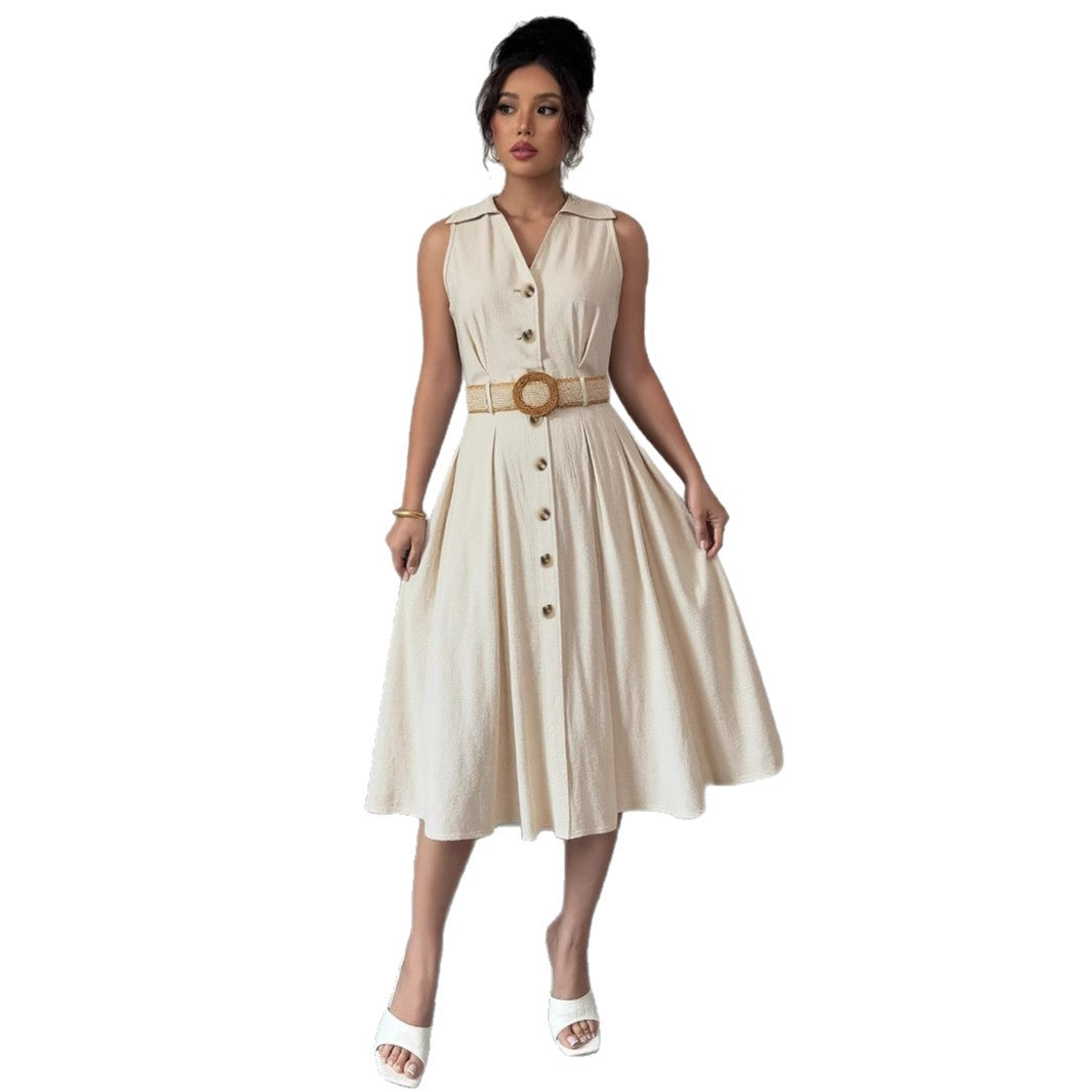 V-neck sleeveless shirt dress with breasted waistband and A-line hem, stylish women's fashion from eprolo.