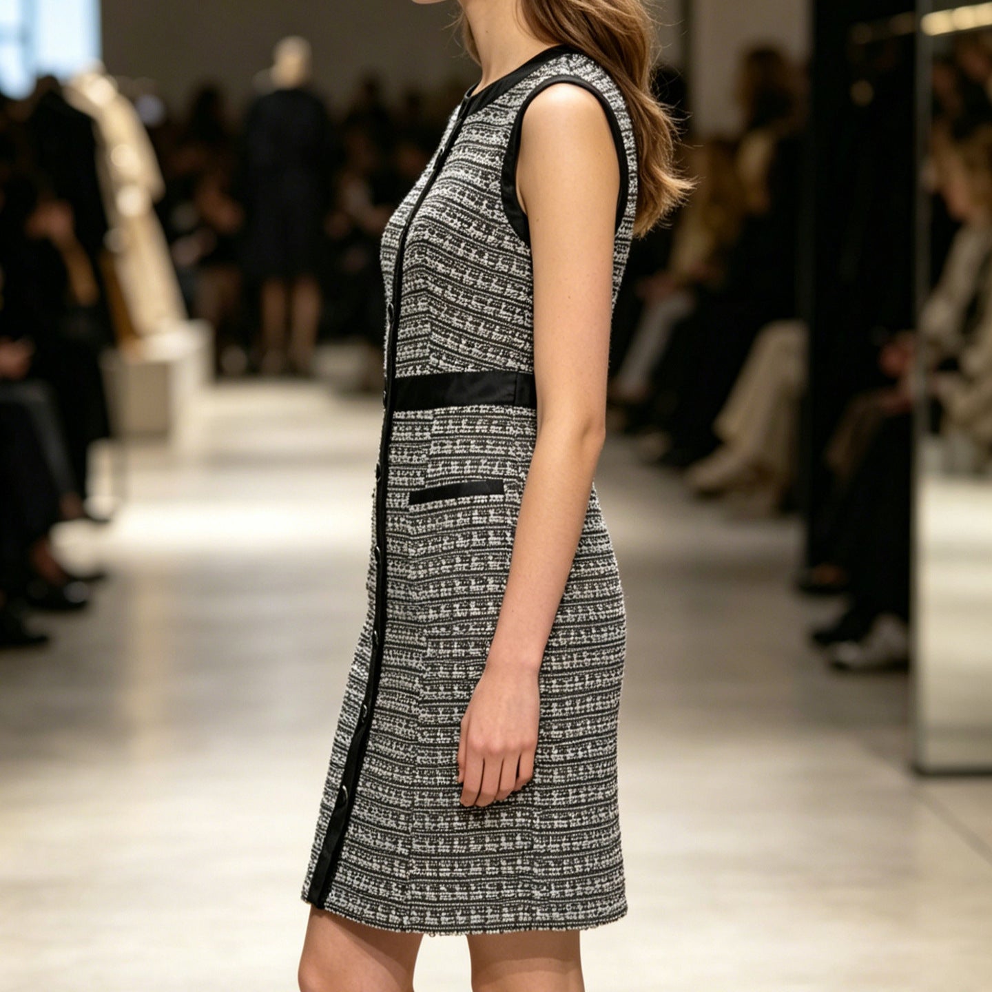 Vintage leather-trimmed tweed vest and A-line skirt dress by eprolo, featuring classic tailored design and textured fabric.